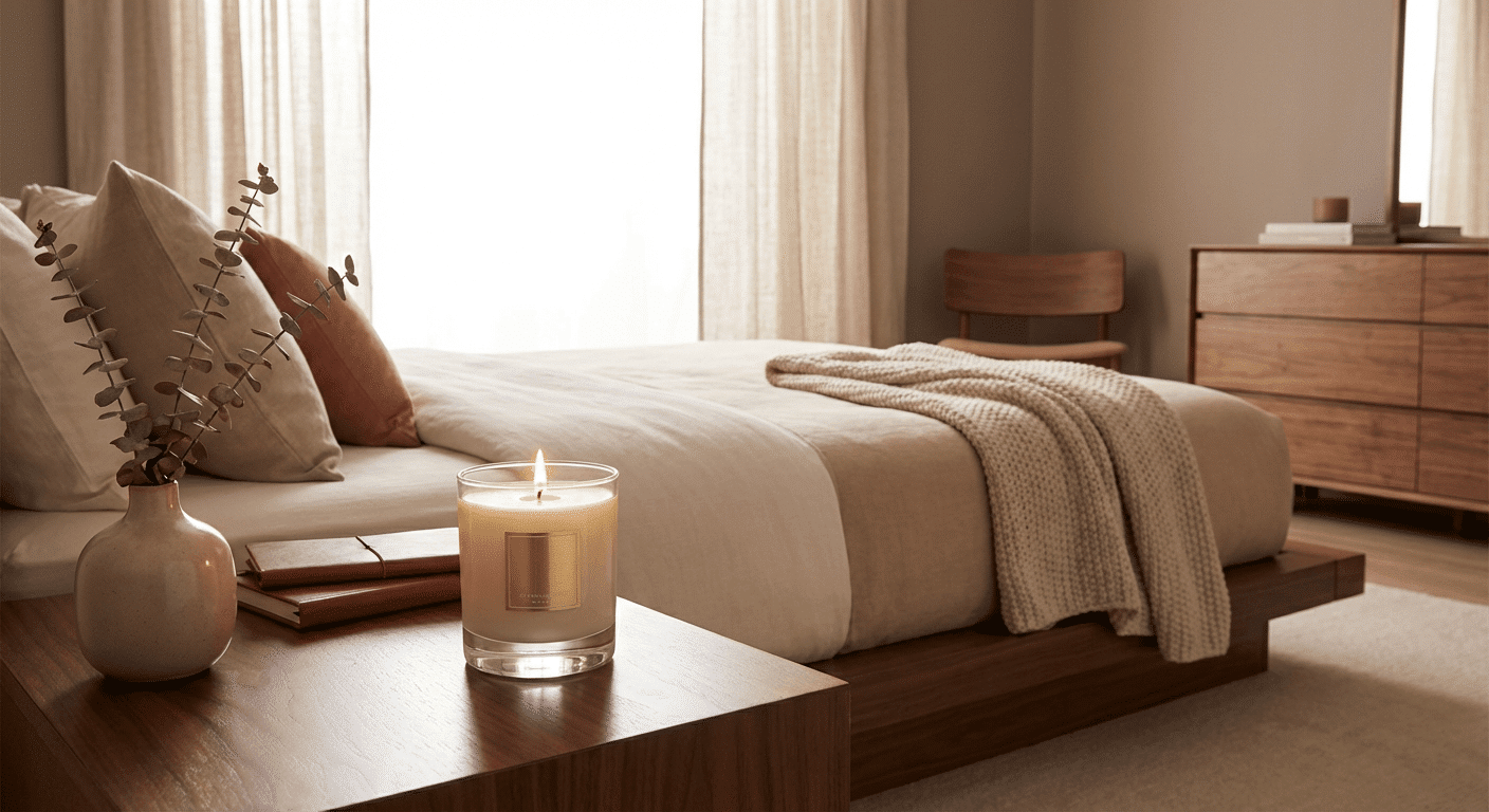 Elegant room fragrance candle in a bedroom