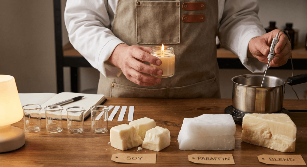 Testing soy, paraffin, and blended candle wax for scent throw, burn performance, and compatibility